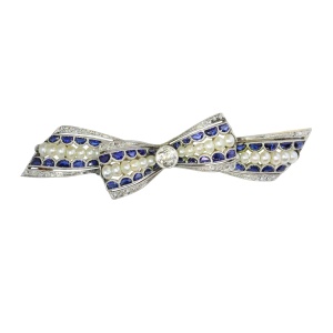 Vintage 1910s Bow Brooch in Sapphires and Pearls  Belle poque Grace